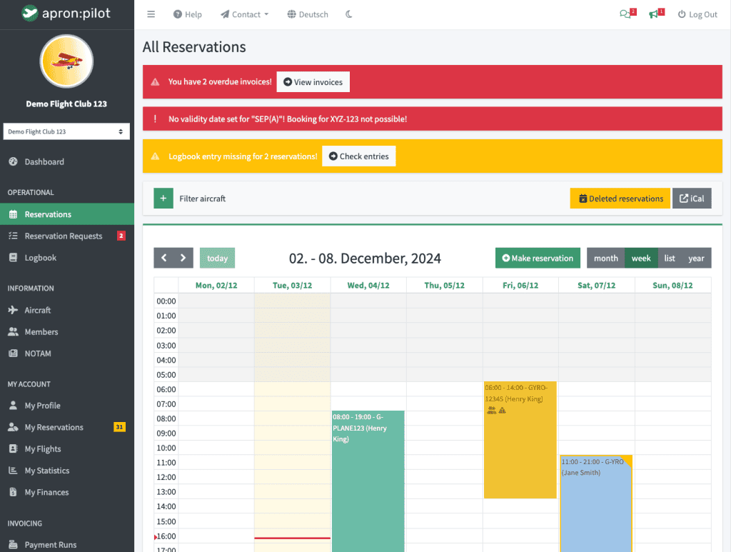 Screenshot of the application showing a calendar view