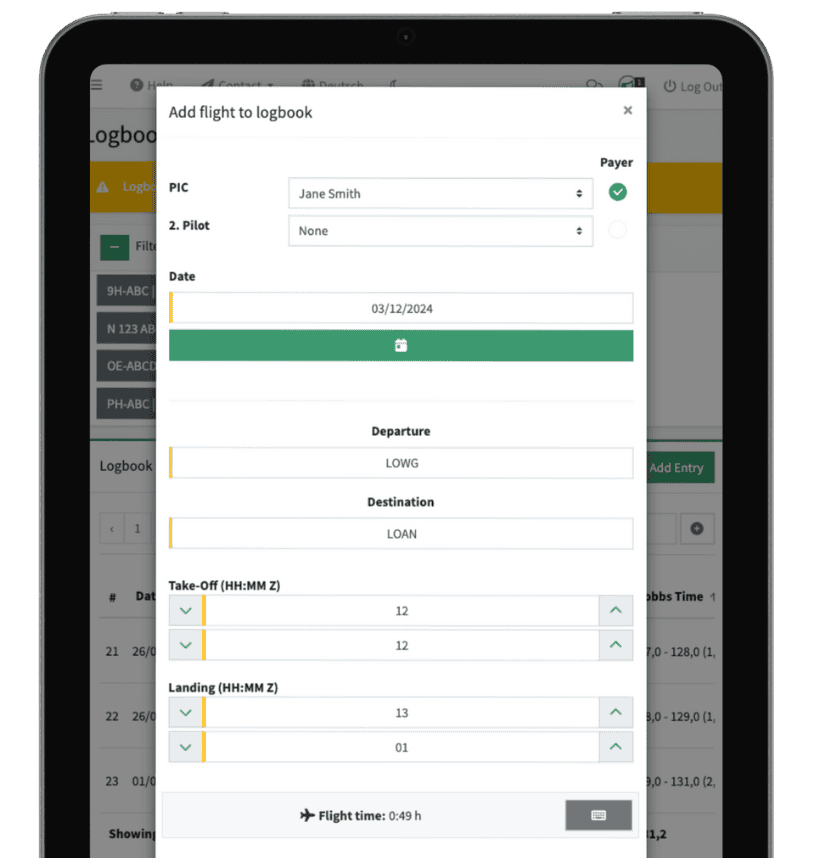 an ipad showing the mask to add a flight to the logbook