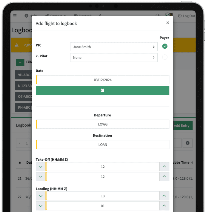 an ipad showing the mask to add a flight to the logbook