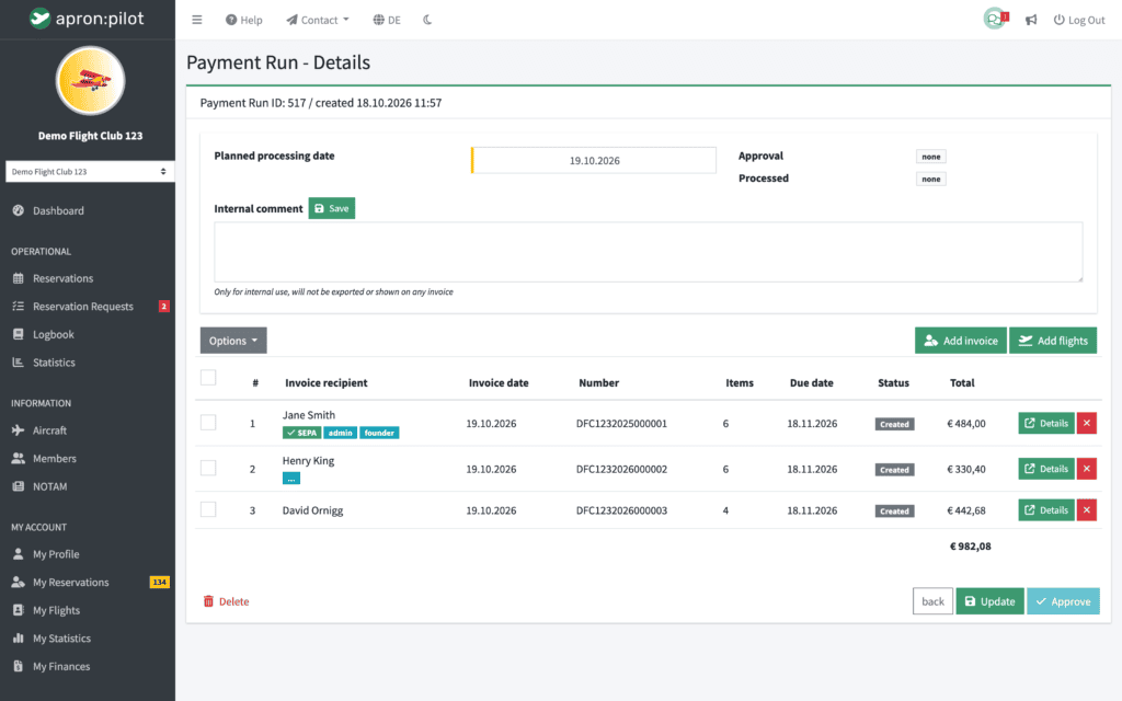 Payment run with invoices per pilot in apron:pilot invoicing