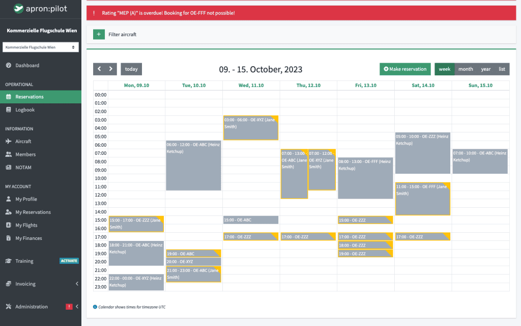 Booking calendar in apron:pilot with a notice about an expired rating