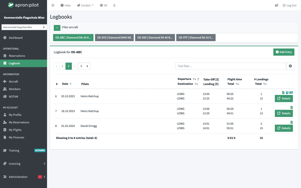 Digital logbook in apron:pilot with flight types and meter readings