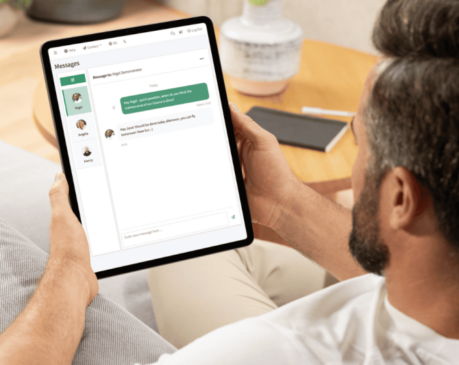 person using an ipad and the applications built in messenger